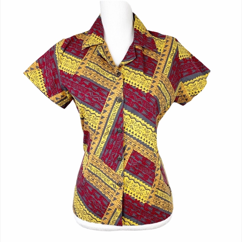 Jackie K Button Down Shirt Women 14 Red Yellow S/S Tribal Aztec Fiji Africa Top